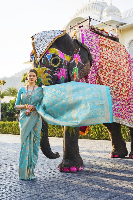 Azure Blue & Golden Shine Kanjivaram Wedding Saree