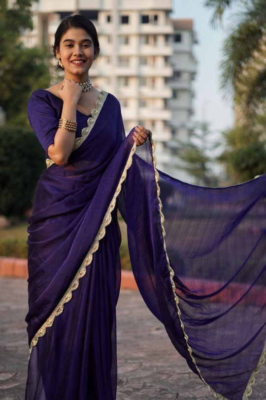 Pearl Embellished Royal Chiffon Violet Saree